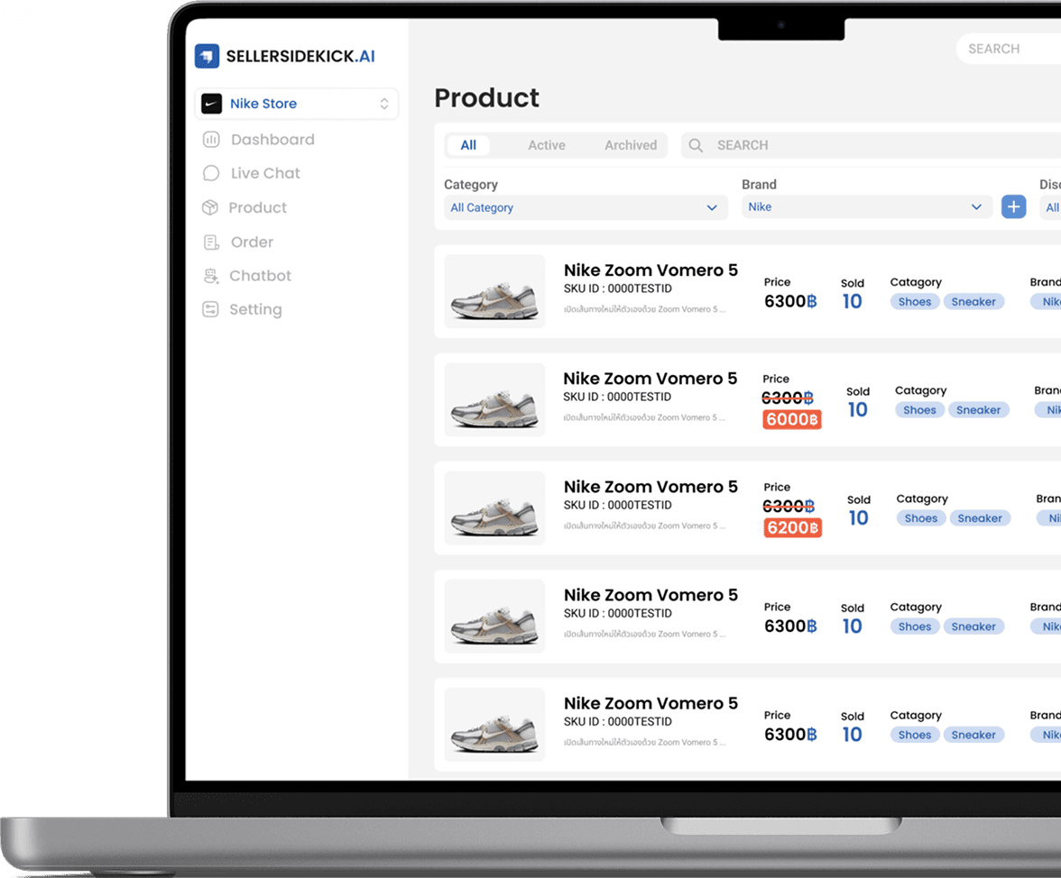 SellerSidekick dashboard showing a live product catalogue with prices, stock and sales